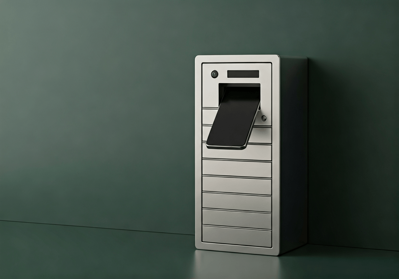 Poslat balík snadno: Návod krok za krokem (2026) 2 A minimalist, high-tech parcel delivery scene featuring a sleek smartphone interacting with a modern automated locker, clean Scandinavian office aesthetic, soft natural light, 85mm lens, depth of field, premium quality, no text, no words, no letters.
