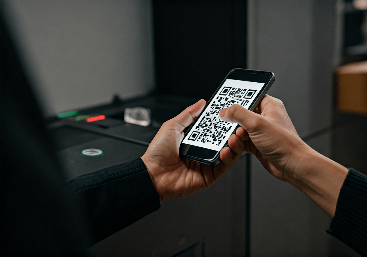 Poslat balík snadno: Návod krok za krokem (2026) 3 A minimalist, high-tech logistics environment, a close-up of a person scanning a digital QR code on a smartphone at an automated parcel terminal, clean aesthetic, soft natural light, 85mm lens, depth of field, premium editorial photography, no text, no words, no letters