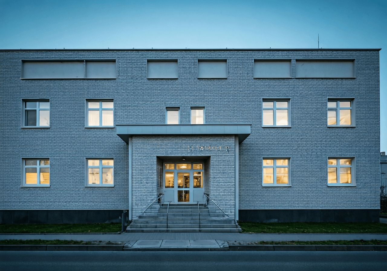A professional, minimalist post office building facade in a residential district of Orlova, Czech Republic, soft daylight, 85mm lens, high quality, editorial photography, no text, no letters
