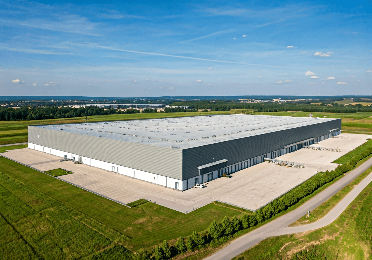 Aerial view of a modern logistics center in the Czech Republic, vibrant greenery surrounding the facility, clean and organized, editorial photography, soft natural light, 85mm lens, high resolution, no text, no letters.