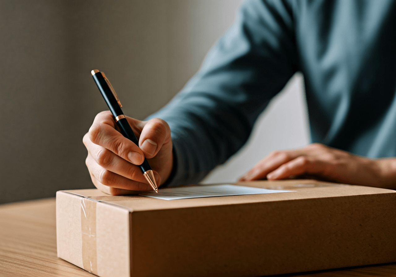 PSČ Liberce: Kompletní přehled (Rychle za 30s) 3 Close-up professional shot of a hand neatly writing an address on a high-quality cardboard parcel, modern minimalist wooden desk in a bright office, soft natural light, 85mm lens, depth of field, premium editorial style, no text, no words, no letters.