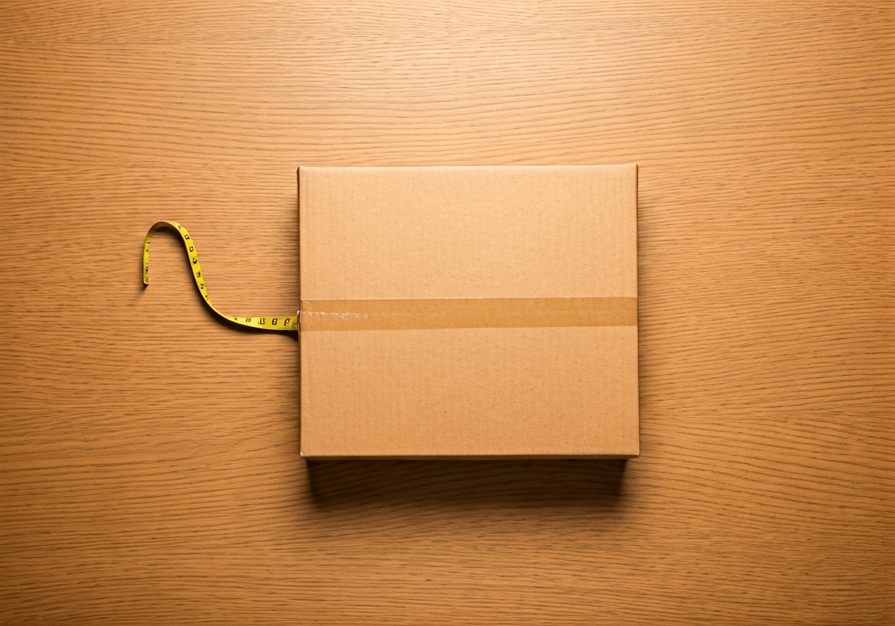 A professional measuring tape wrapped around a perfectly rectangular cardboard parcel on a minimalist wooden table, high-angle shot, clean modern logistics aesthetic, soft natural daylight, 85mm lens, depth of field, no text, no words, no letters