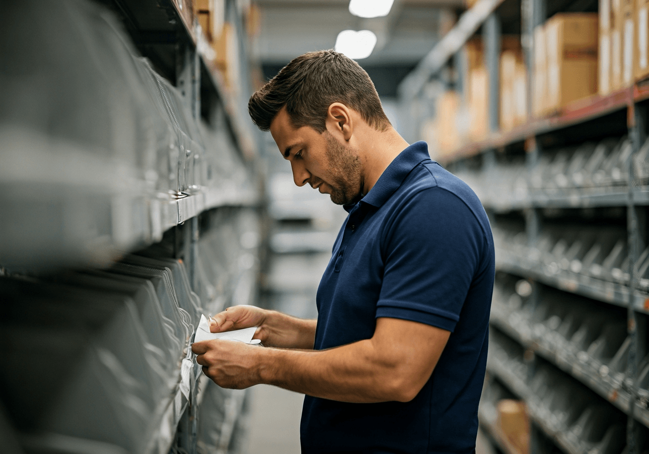 A professional postal worker sorting mail in a bright, modern logistics facility, blurred background of organized shelves, premium editorial photography, soft natural lighting, 85mm lens, high detail, no text, no words, no letters.