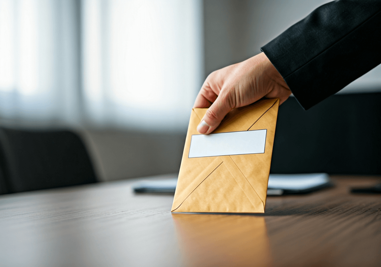 A close-up, high-quality editorial shot of a professional hand placing a correctly addressed envelope on a clean, modern wooden desk in a bright government office, soft natural light, 85mm lens, depth of field, minimalist aesthetic, no text, no words, no letters.