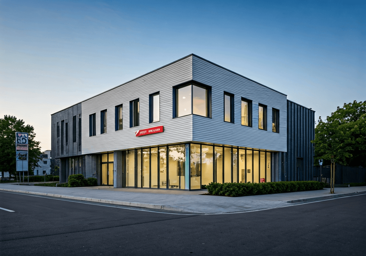 Exterior view of a modern post office building in a quiet residential area, clean architecture, soft morning light, editorial photography style, 85mm lens, high resolution, no text, no words, no letters.