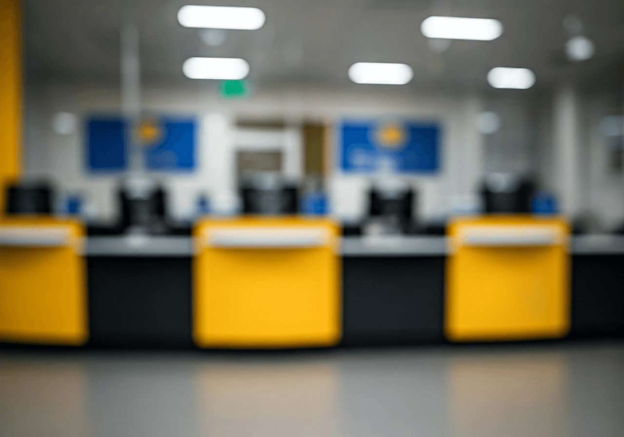 A professional interior of a modern post office service desk, clean aesthetic, blurred queue line, bright natural daylight, editorial photography, 85mm lens, high resolution, no text, no words, no letters.