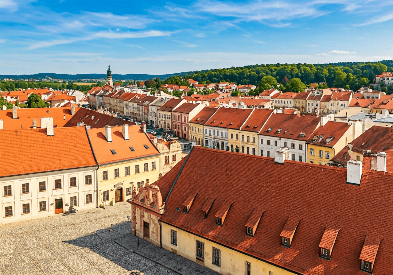A scenic aerial view of Třeboň town square in the Czech Republic, historic architecture with red roofs, vibrant atmosphere, sunny day, professional editorial photography, soft natural light, 85mm lens, high resolution, no text, no words, no letters