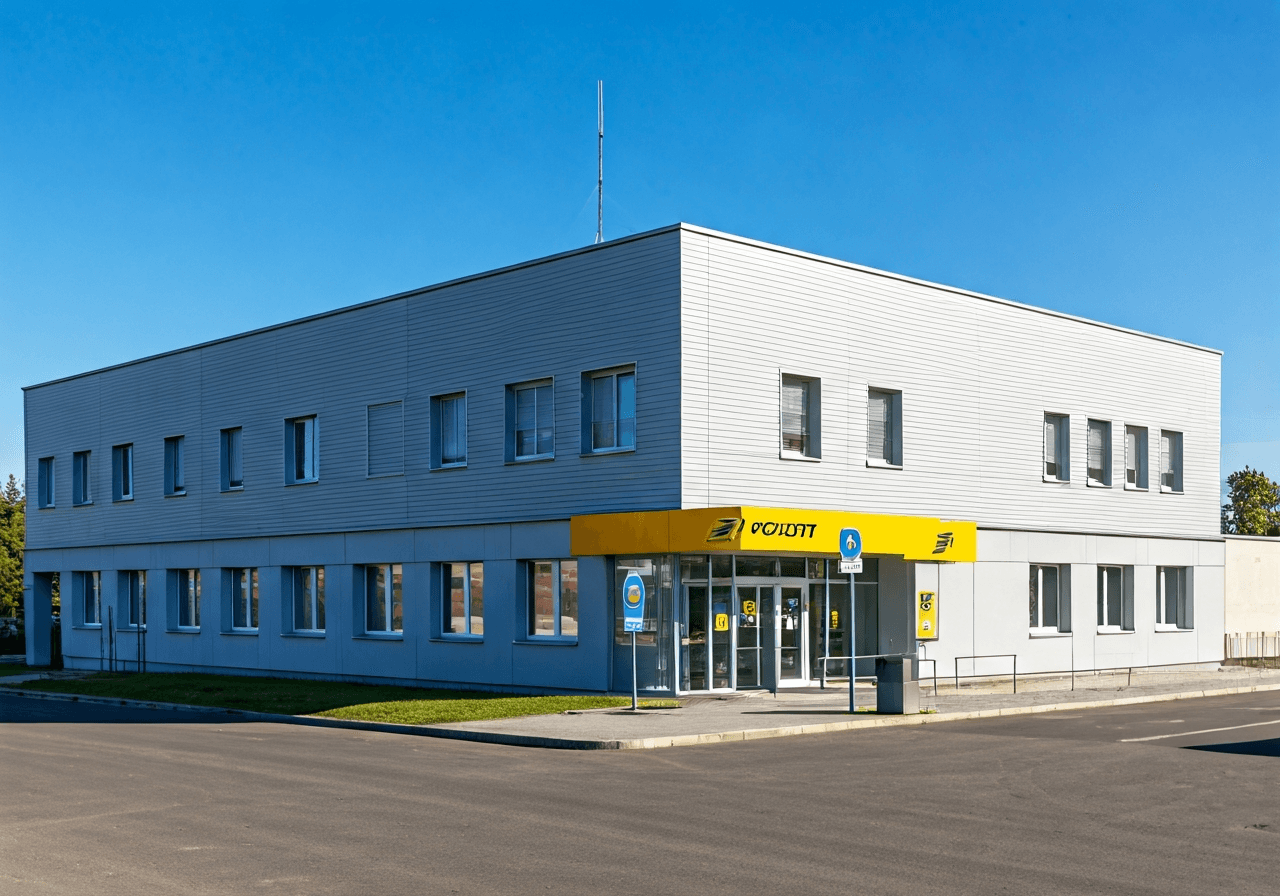 A professional, modern exterior view of a rural Czech post office branch, clean architectural lines, warm natural daylight, high-quality editorial photography, 85mm lens, no text, no words, no letters.