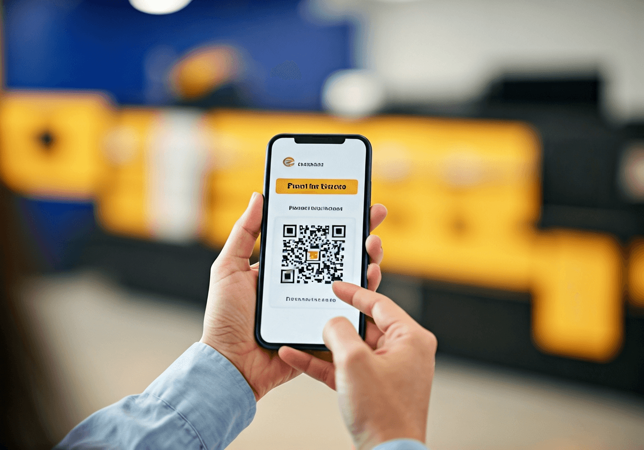 A close-up of a person holding a smartphone showing a QR code for parcel pickup, modern interior of a local post office, soft natural light, editorial photography, 85mm lens, highly detailed, no text, no letters