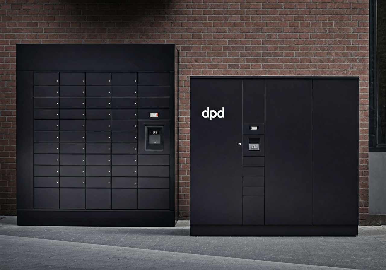 A sleek, modern DPD parcel locker station in a clean urban environment, minimalist architecture, soft natural light, editorial photography style, 85mm lens, high resolution, no text, no words, no letters.