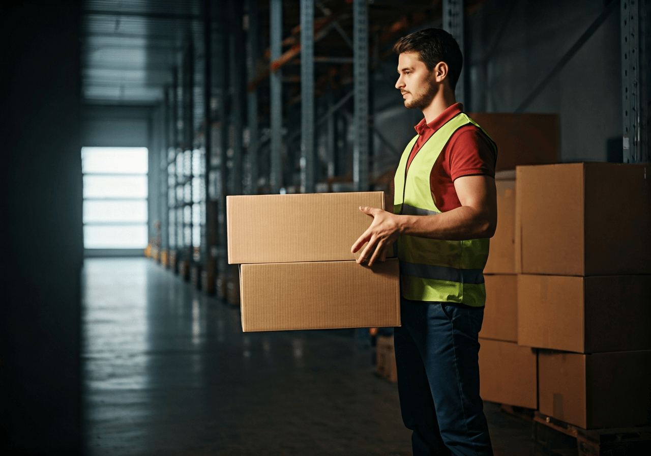 A professional logistics worker handling a parcel in a modern, clean distribution center in Vyškov, editorial photography, minimalist aesthetic, soft natural light, 85mm lens, high quality, no text, no letters