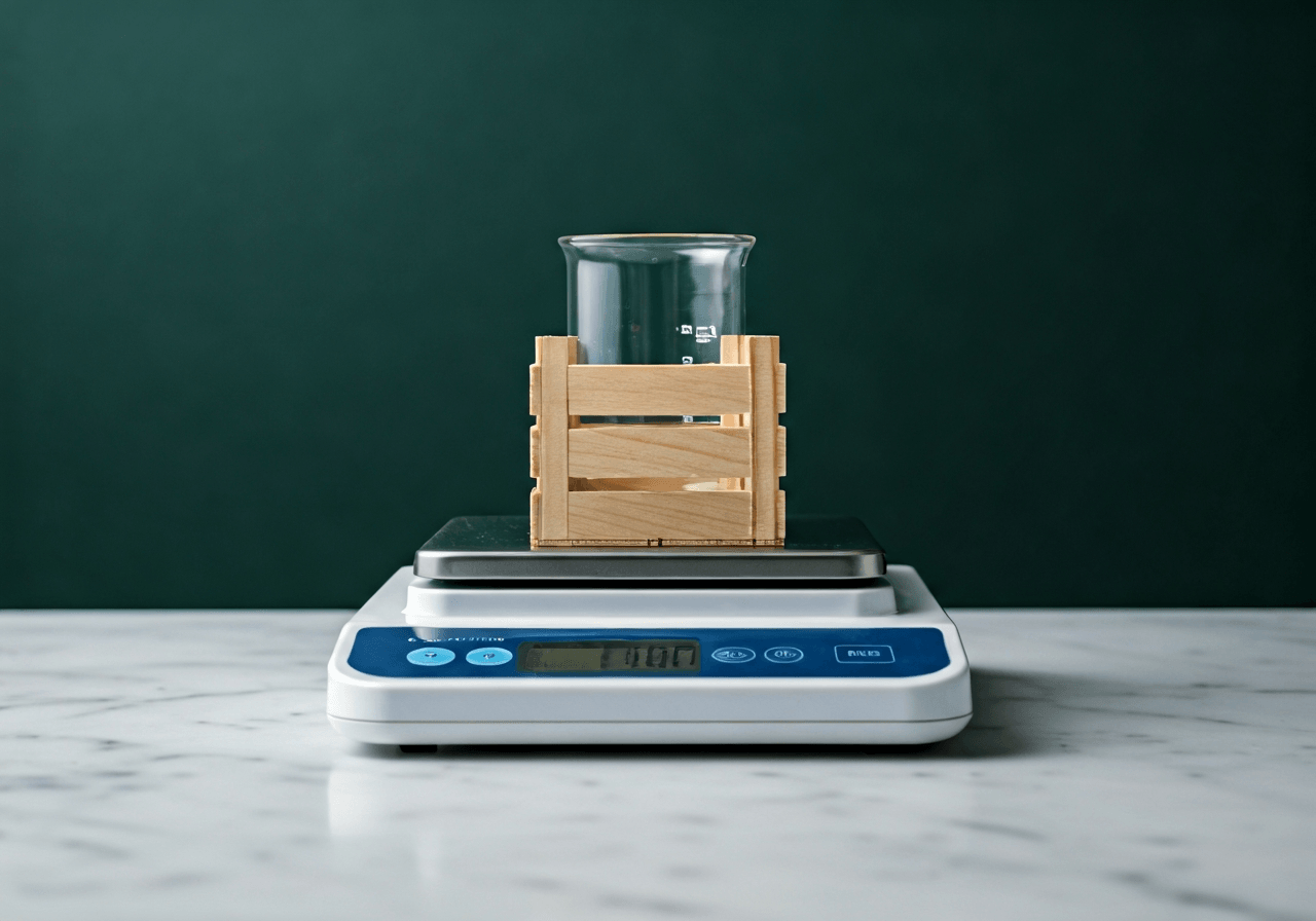 A professional digital scale placed on a clean white marble surface, balancing a small wooden crate and a measuring beaker, modern laboratory environment, clinical and precise, editorial photography, soft natural light, 85mm lens, highly detailed, no text, no letters