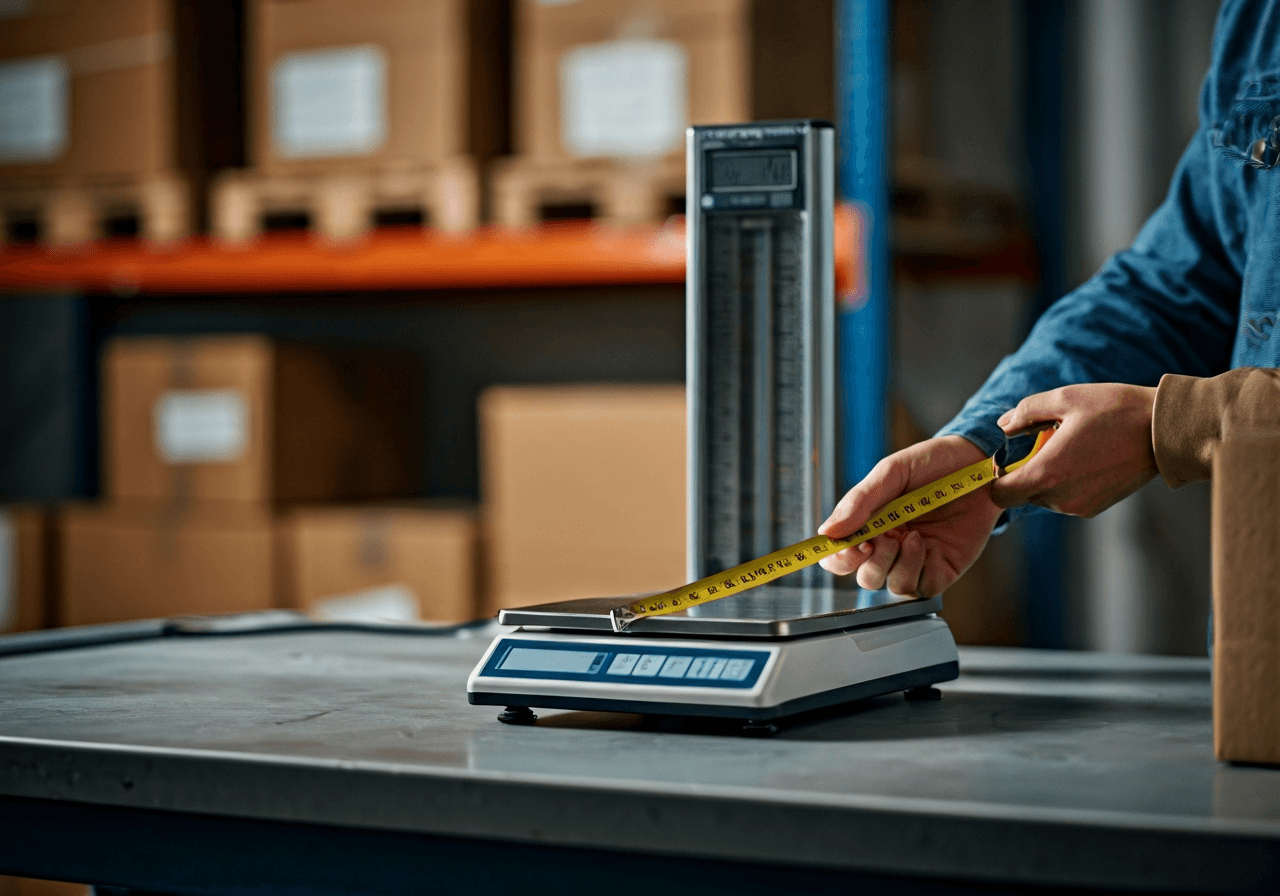 A professional logistics warehouse setting with a precise digital parcel scale and a package being measured with a measuring tape, modern clean aesthetic, editorial photography, soft natural light, 85mm lens, depth of field, high resolution, no text, no words, no letters.