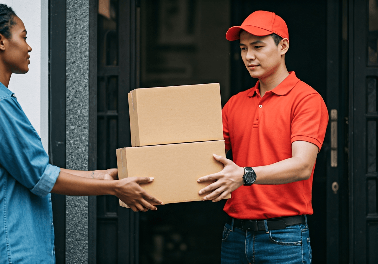 A professional delivery driver handing a box to a customer who is carefully inspecting the packaging for dents and tears, modern urban doorstep, editorial photography, soft natural light, 85mm lens, shallow depth of field, high resolution, no text, no letters