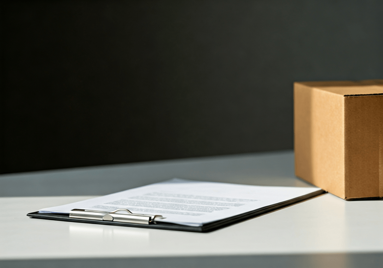 A close-up, high-quality editorial shot of a legal document and a parcel on a modern desk, minimalist office background, soft natural lighting, depth of field, 85mm lens, professional atmosphere, no text, no words, no letters