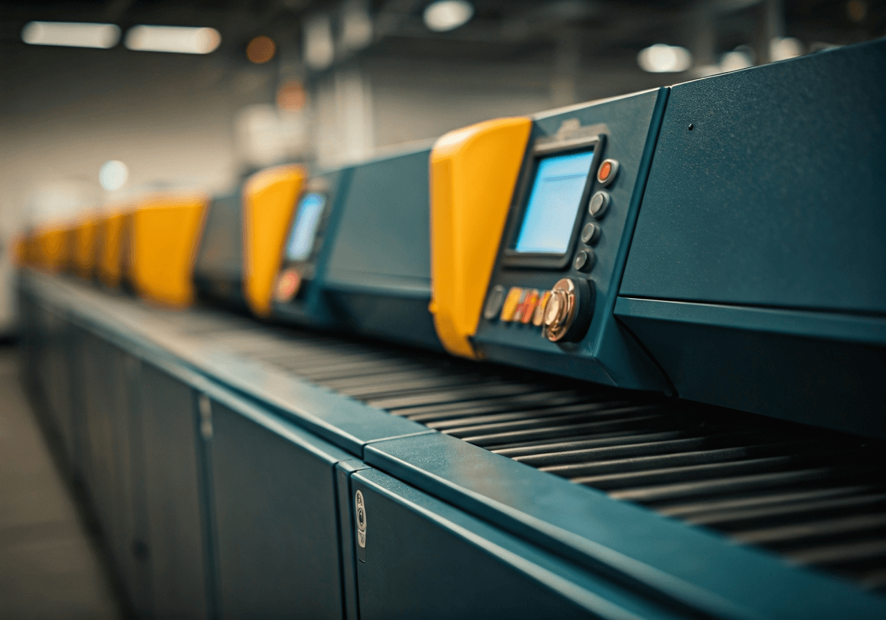 A high-end editorial shot of a neatly organized postal delivery center, focusing on a modern automated sorting machine scanning barcodes, soft natural light, shallow depth of field, 85mm lens, professional aesthetic, no text, no words, no letters