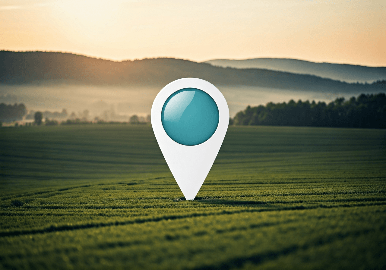 A detailed map pin over a scenic Czech rural landscape, soft morning light illuminating the rolling hills, editorial aesthetic, 85mm lens, high resolution, minimalist composition, no text, no letters.