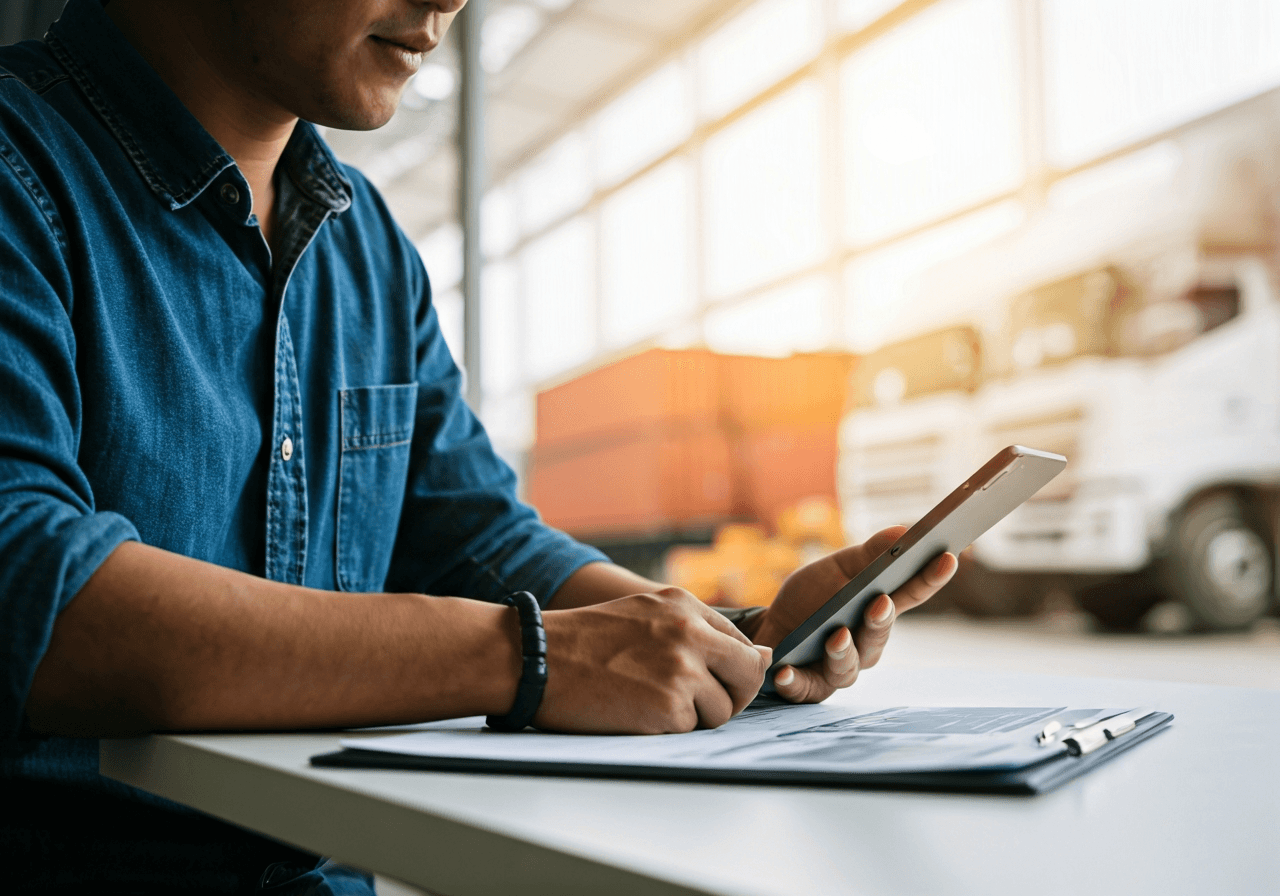 A professional logistics manager reviewing digital shipping documents in a modern, sunlit office, blurred view of a warehouse with cargo trucks in the background, Editorial photography, premium, clean aesthetics, soft natural light, 85mm lens, highly detailed, no text, no letters