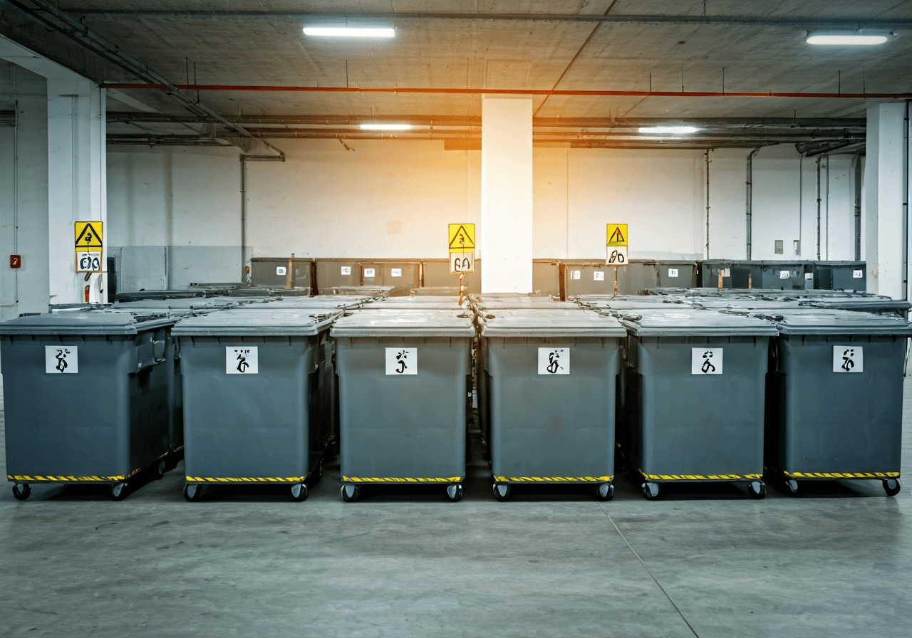 A professional logistics warehouse with organized recycling containers and safety signage, modern clean industrial aesthetic, editorial photography, soft natural light, 85mm lens, high resolution, no text, no words, no letters