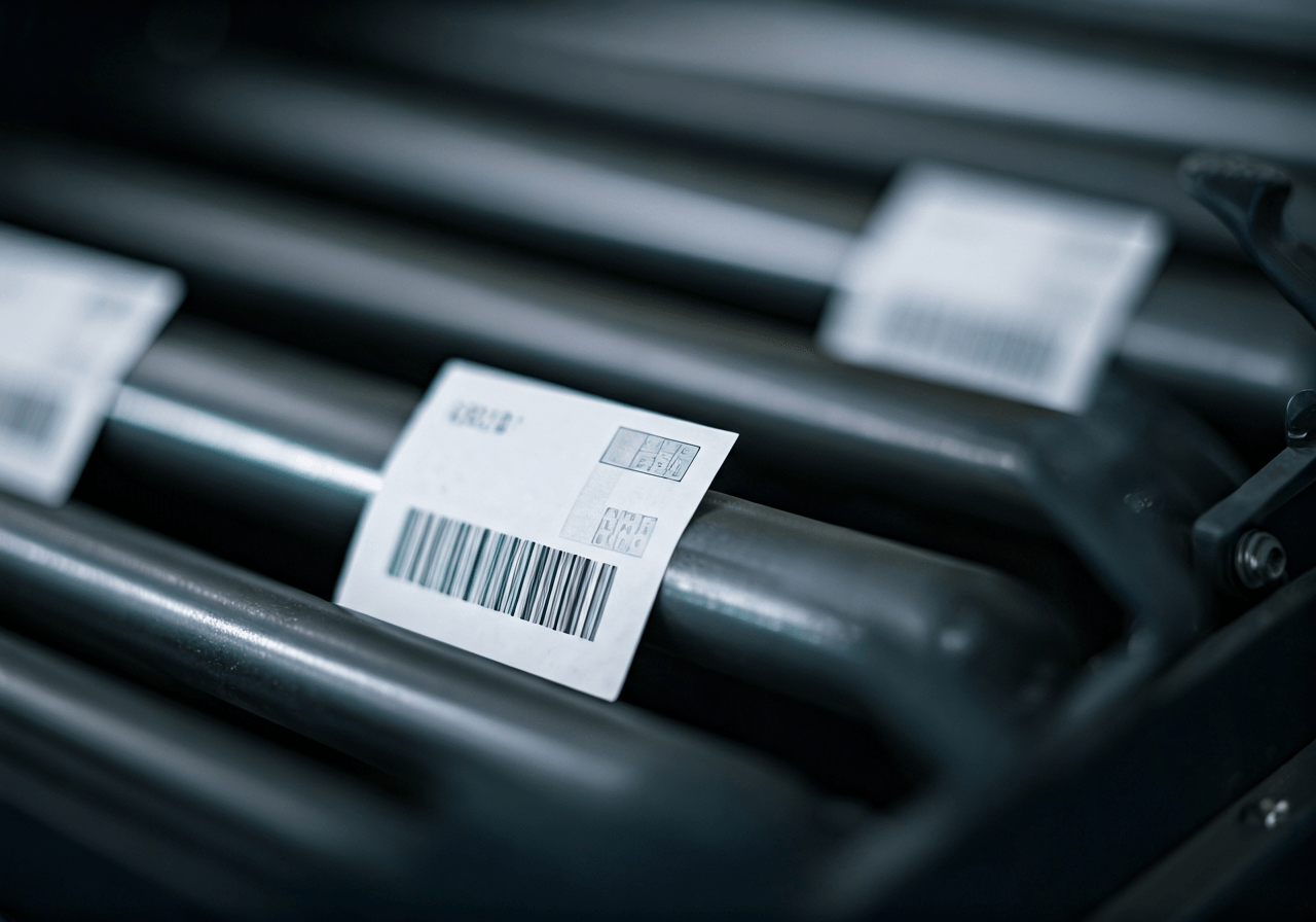 A professional logistics warehouse environment with a focus on an automated mail sorting machine, sharp focus on a parcel label with a clean numerical code, editorial photography, soft natural light, 85mm lens, depth of field, no text, no words, no letters