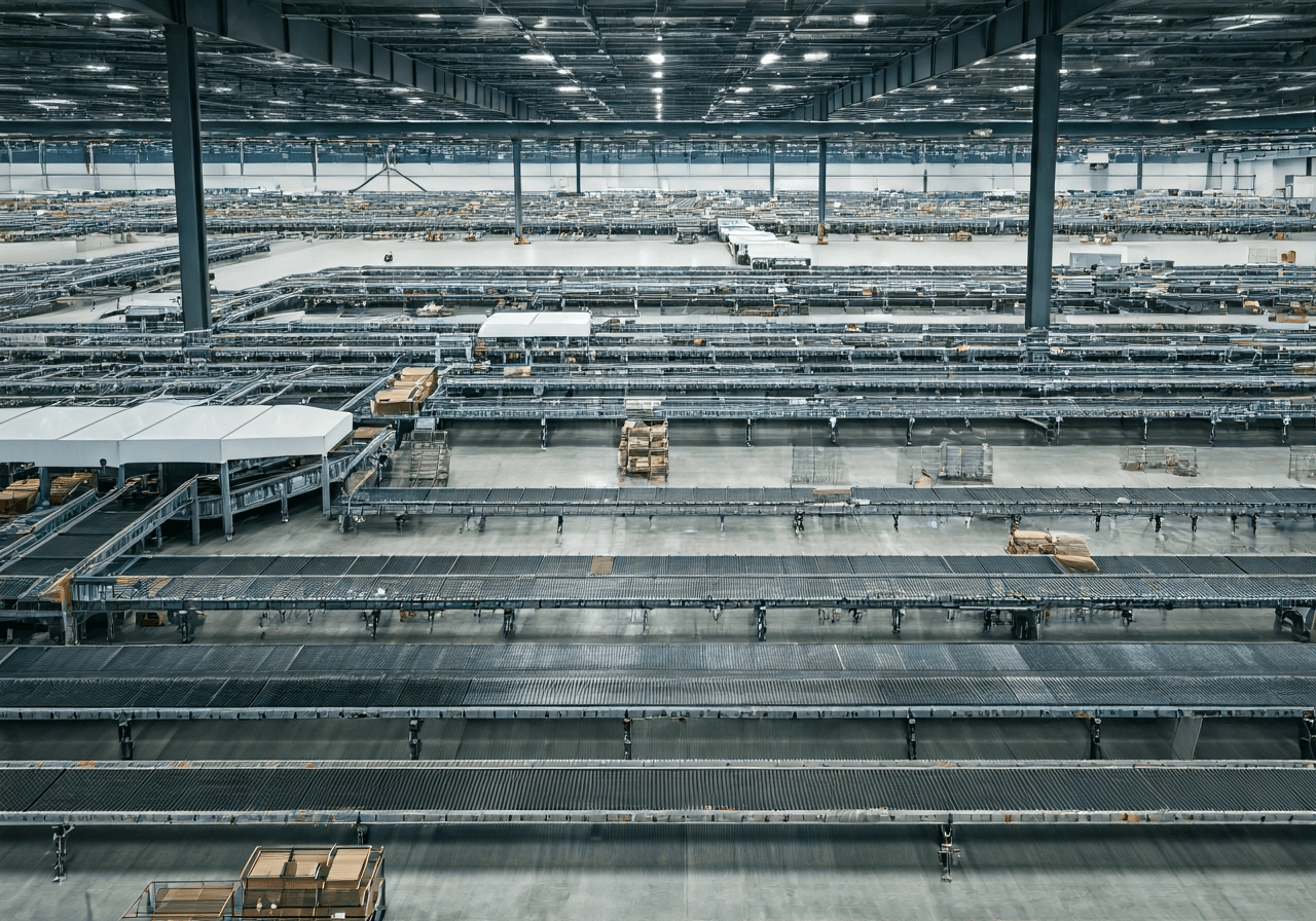 Aerial view of a massive automated parcel sorting facility, conveyor belts with packages, modern industrial architecture, clean aesthetic, soft natural light, 85mm lens, high resolution, no text, no words, no letters