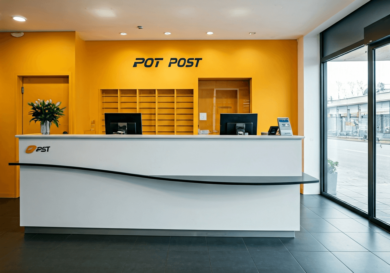 Pošta Dětmarovice: Jak se vyhnout frontám? (Tipy) 2 A professional, modern post office interior, bright and clean reception counter, warm atmosphere, soft natural light, 85mm lens, high quality, professional editorial style, no text, no words, no letters