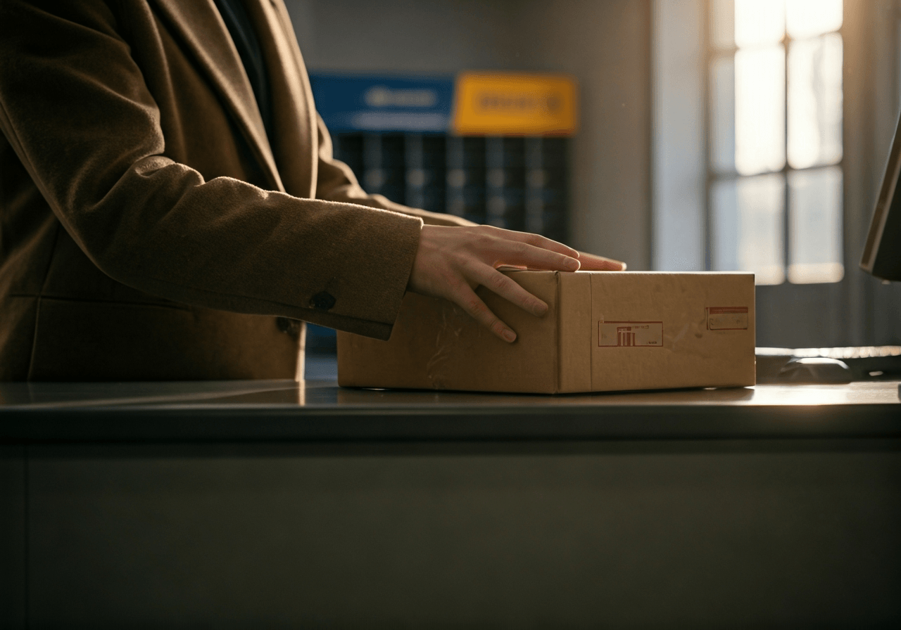 Pošta Dětmarovice: Jak se vyhnout frontám? (Tipy) 3 A neat and organized modern post office interior, natural sunlight filtering through windows, close-up of a person neatly placing a package on a counter, professional and serene atmosphere, editorial photography style, 85mm lens, high resolution, no text, no words, no letters