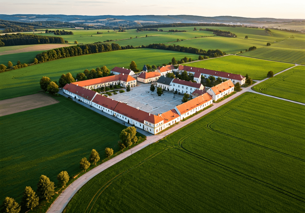 Olšany u Prostějova PSČ: Ověřené údaje pro rok 2026 2 Aerial view of a peaceful village in the Moravian countryside, green fields surrounding a historic central square, modern clean photography style, soft natural morning light, wide angle lens, high resolution, no text, no words, no letters.