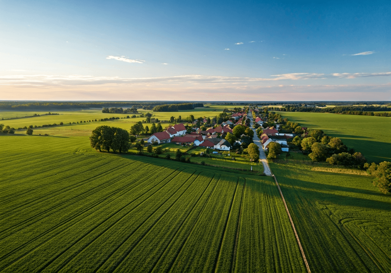 Olšany u Prostějova PSČ: Ověřené údaje pro rok 2026 3 Aerial view of the rural landscape of Olšany u Prostějova, green fields and structured village architecture, peaceful atmosphere, premium editorial photography, soft natural light, 85mm lens, high resolution, no text, no words, no letters