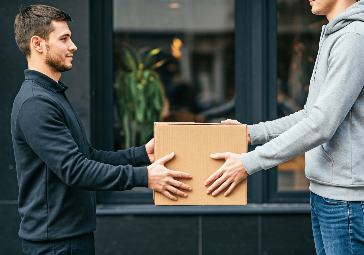 A professional delivery courier handing over a small eco-friendly cardboard package to a fit customer in front of a modern city storefront in Mladá Boleslav, urban setting, editorial photography, soft natural light, 85mm lens, high resolution, no text, no words, no letters.