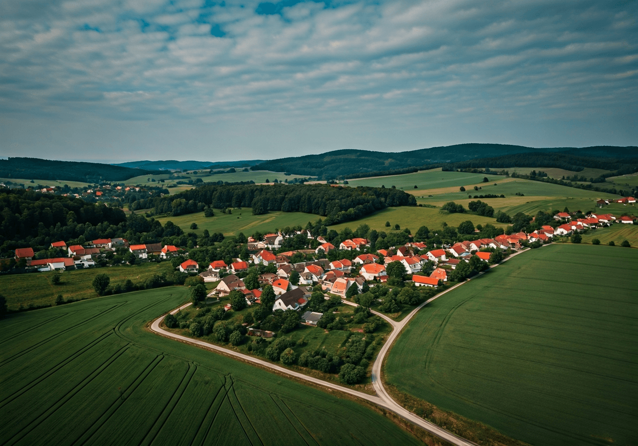 PSČ Postřelmov: Rychlé vyhledání (Návod za 30 sekund) 2 Aerial view of the scenic village of Postřelmov in the Czech Republic, rolling hills in the background, vibrant greenery, editorial photography, cinematic lighting, soft natural light, 85mm lens, highly detailed, no text, no words, no letters.