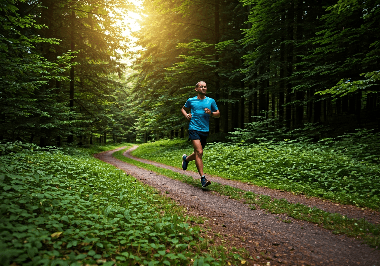 PSČ Postřelmov: Rychlé vyhledání (Návod za 30 sekund) 3 A professional runner jogging on a scenic forest path near Postřelmov, lush greenery, soft natural sunlight, cinematic atmosphere, 85mm lens, highly detailed, professional editorial photography, no text, no letters