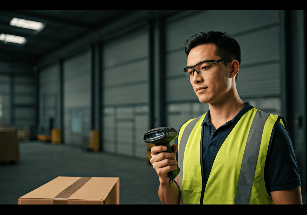 A professional logistics worker scanning a package in a sleek, modern warehouse, clean industrial background, soft natural light, 85mm lens, editorial aesthetic, high resolution, no text, no words, no letters