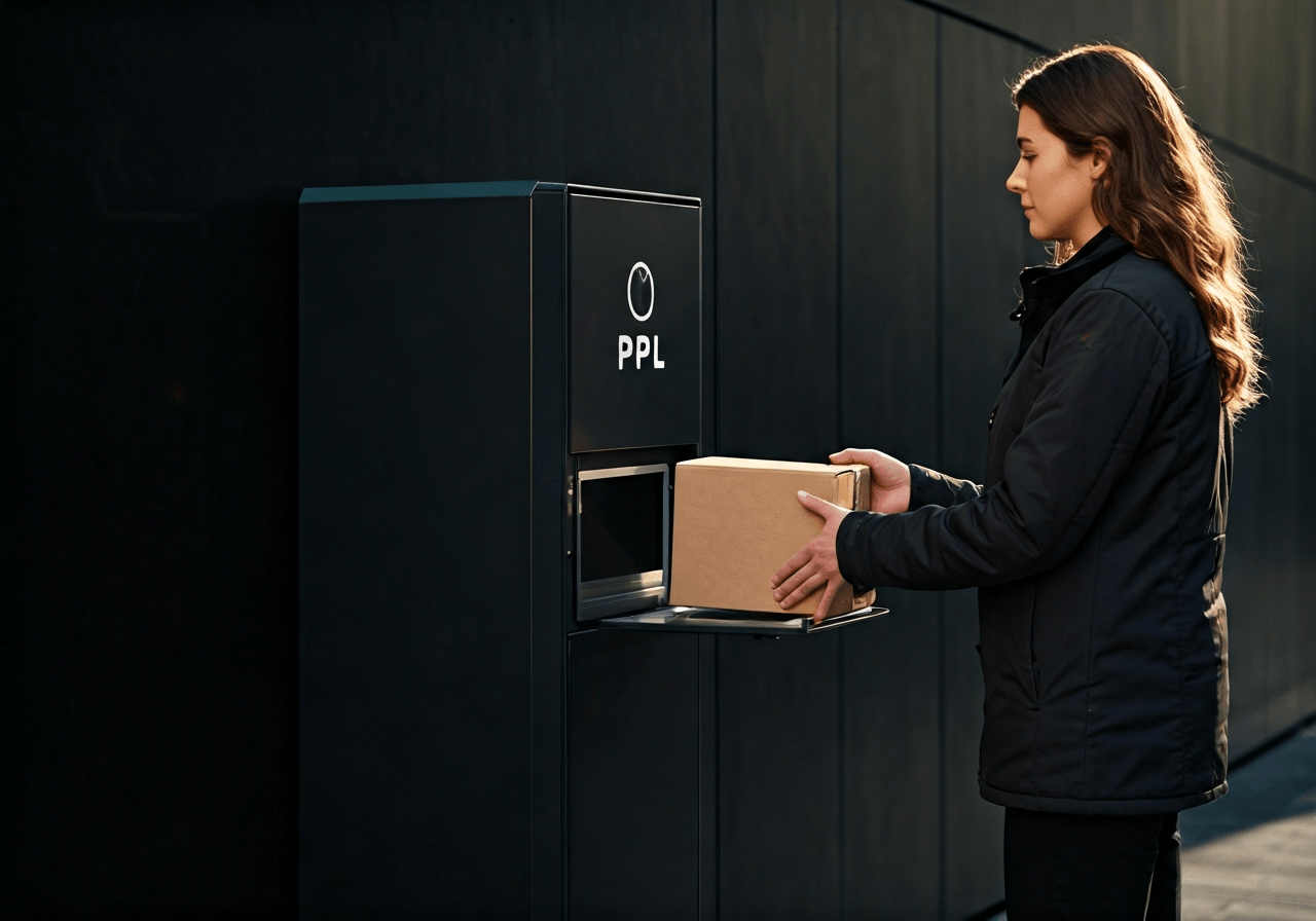 A professional courier placing a premium health package into a modern, sleek PPL Parcelbox, urban background, bright natural morning light, editorial aesthetic, 85mm lens, high resolution, no text, no letters.