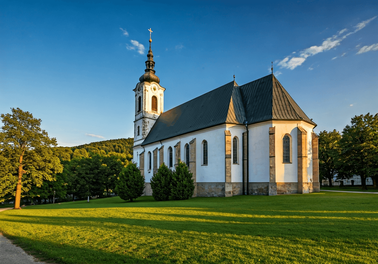 Editorial photography, a detailed architectural shot of the historic St. Nicholas Church in Vacov during a golden hour, surrounded by the lush green landscape of the Sumava foothills, soft natural light, 85mm lens, high resolution, no text, no letters