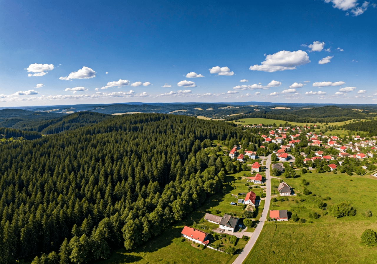 Aerial wide shot of the village Nová Ves pod Pleší surrounded by lush green landscapes and central Bohemian forests, bright sunny day, editorial photography style, high resolution, 85mm lens, no text, no letters