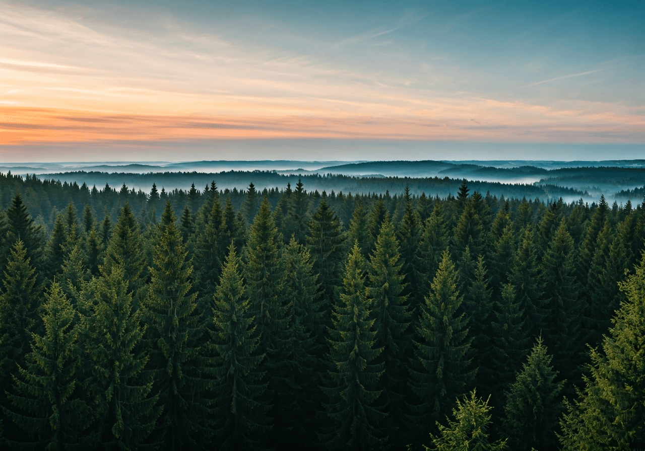 A peaceful panoramic view of a lush green forest landscape near Nová Ves pod Pleší, morning mist, editorial photography style, soft natural light, high-end travel magazine aesthetic, 85mm lens, no text, no words, no letters