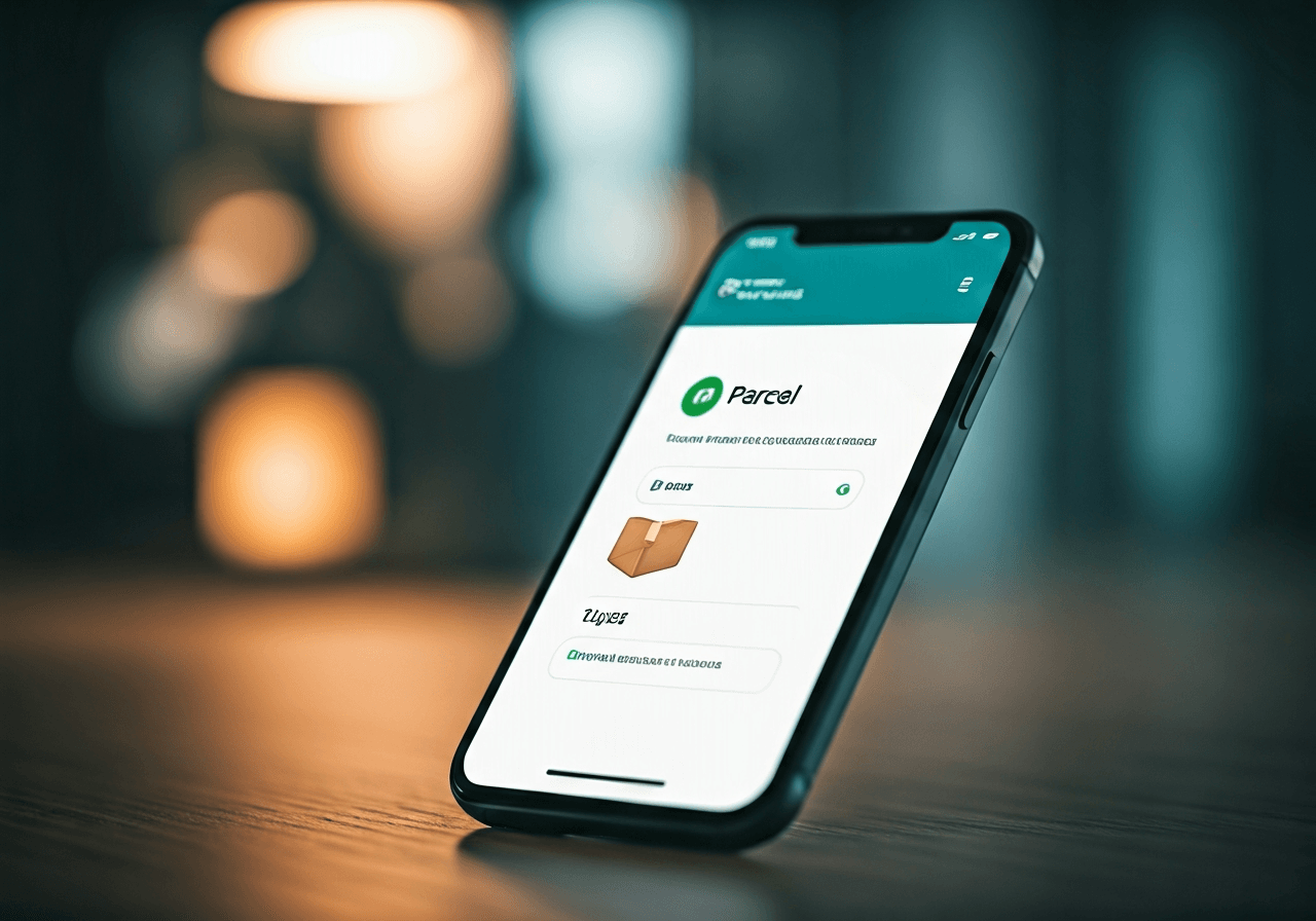 Editorial photography, a smartphone displaying the PPL Parcel CZ app interface with a package tracking status, modern office background, soft natural light, 85mm lens, highly detailed, no text, no words, no letters