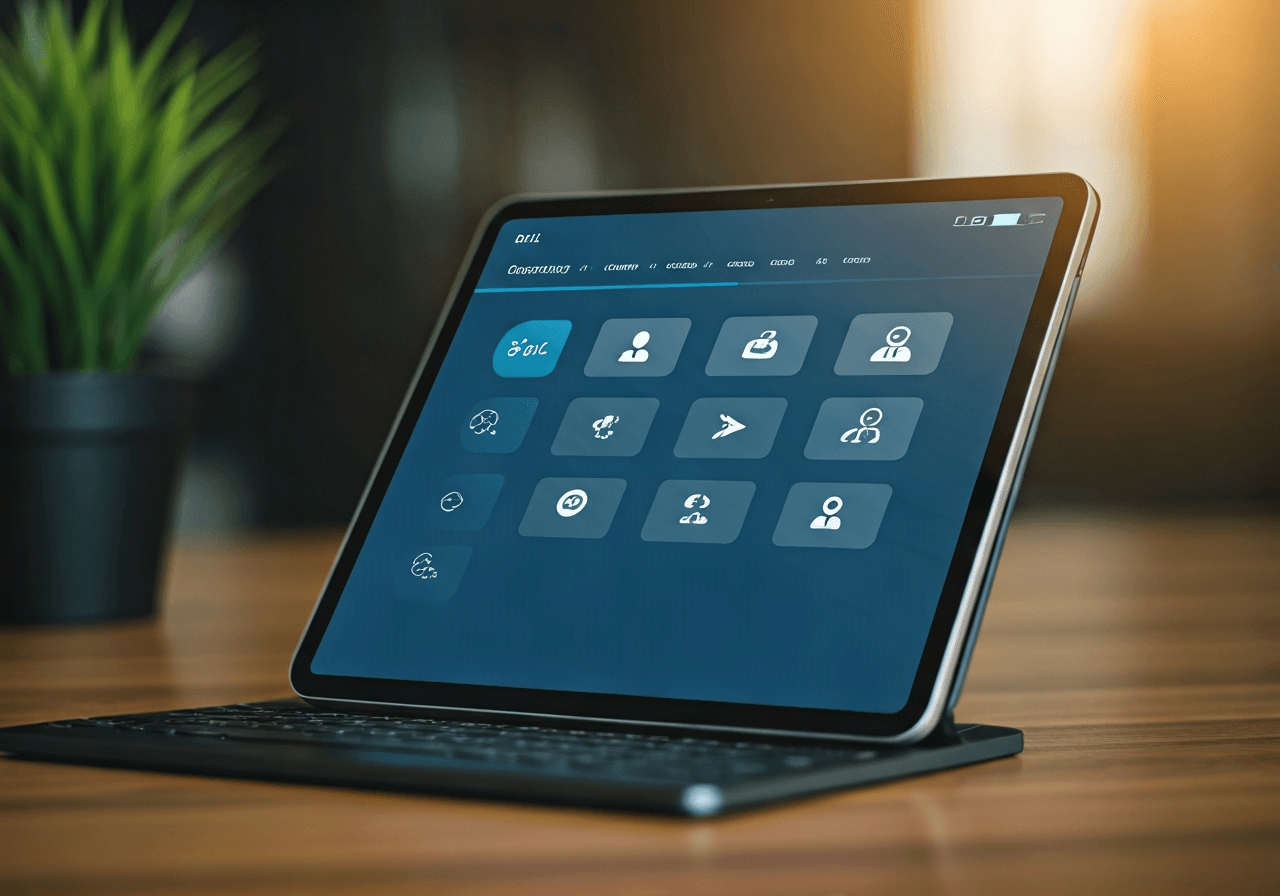 Editorial photography, a modern PPL customer support interface on a tablet screen displaying various communication channels, clean and organized workspace, soft natural light, 85mm lens, highly detailed, no text, no words, no letters