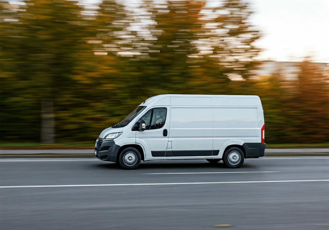 A professional logistics delivery van driving through a modern, clean street in a South Bohemian town, autumn sunlight, high-end editorial photography, shallow depth of field, 85mm lens, no text, no letters