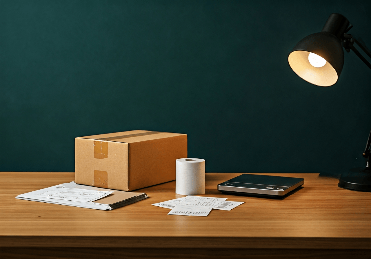 A professional desk setting with a neatly organized package, shipping labels, and a modern digital scale, clean office environment, premium editorial photography, soft natural light, 85mm lens, no text, no letters