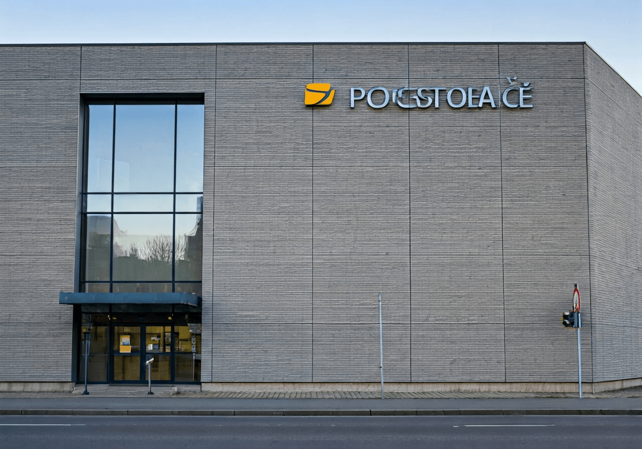 A professional, close-up shot of a modern Czech post office facade in a small town, clean minimalist aesthetic, soft natural daylight, 85mm lens, high resolution, no text, no letters.