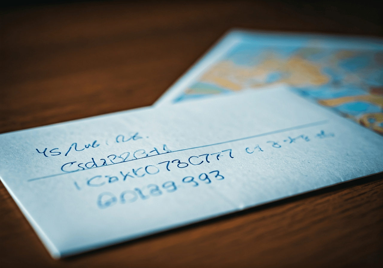 A professional close-up shot of a modern Czech postal envelope with a handwritten address in focus, clean desk background with a local map, soft natural light, premium office atmosphere, 85mm lens, no text, no words, no letters.