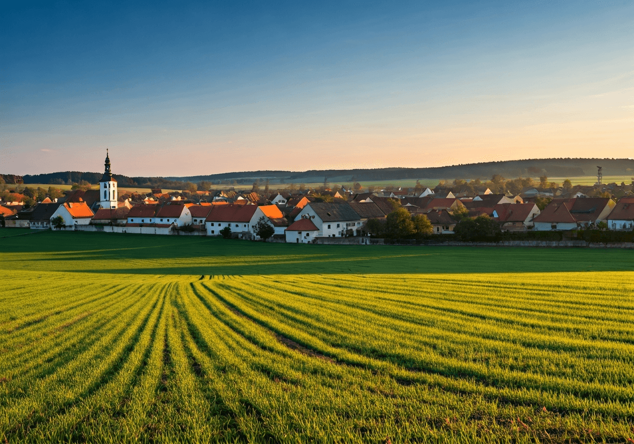 A peaceful, scenic view of the village of Postřižín in the Czech Republic, rolling fields and historic architecture, high-end travel editorial style, soft natural morning sunlight, 85mm lens, sharp focus, no text, no words, no letters