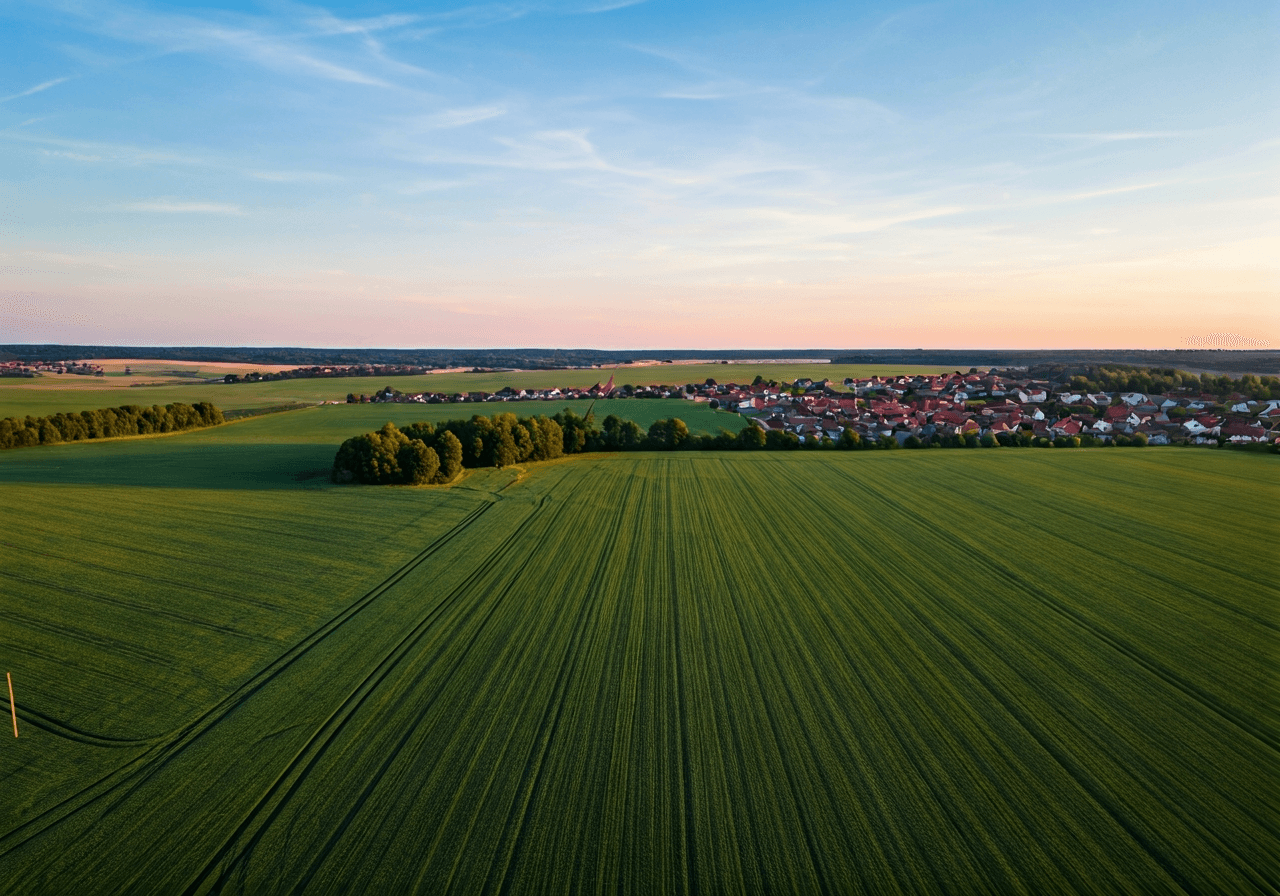 Aerial view of a modern village landscape in the Czech Republic, lush green fields bordering a well-maintained residential area, soft golden hour natural light, 85mm lens, high resolution, no text, no letters