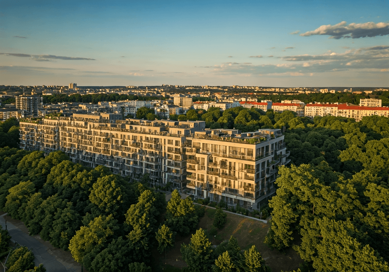 Aerial wide shot of the Prague Barrandov district, modern residential architecture seamlessly integrated with the lush greenery of Prokopské údolí, soft golden hour natural light, cinematic editorial style, 85mm lens, high detail, no text, no words, no letters