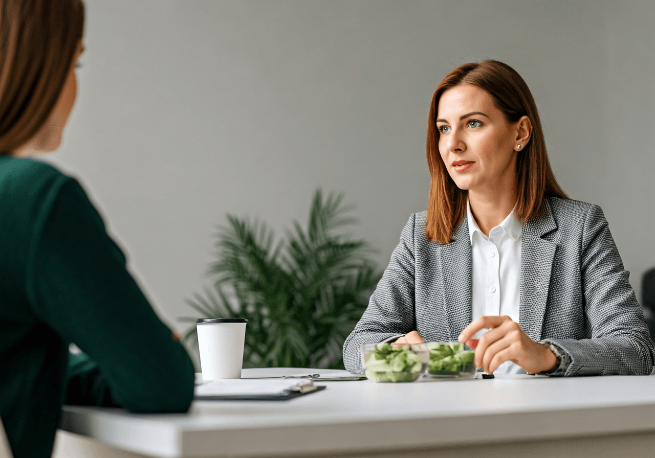 Editorial photography, a professional nutritionist discussing healthy lunch options with a client in a modern bright office environment in Prague, soft natural light, 85mm lens, high quality, no text, no words, no letters
