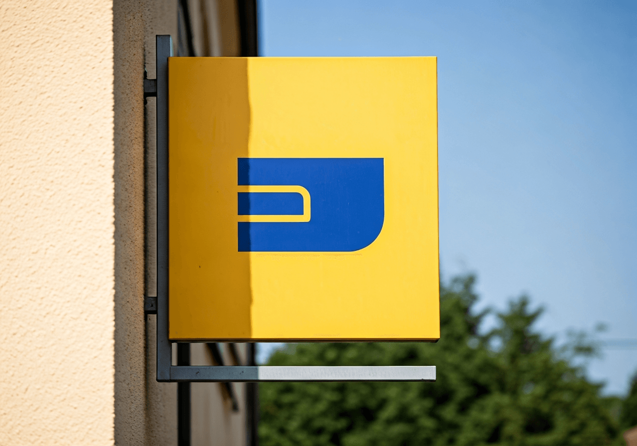 Editorial photography, modern signage of a Czech post office building in a quiet rural town, architectural clean shot, soft natural light, 85mm lens, high resolution, no text, no letters