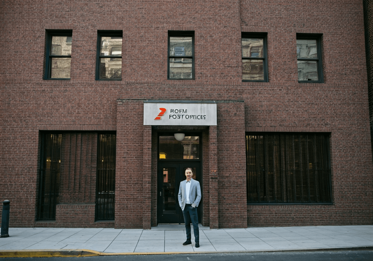 A professional person standing in front of a modern post office building, clean brick architecture, soft natural light, editorial photography, 85mm lens, high quality, no text, no words, no letters