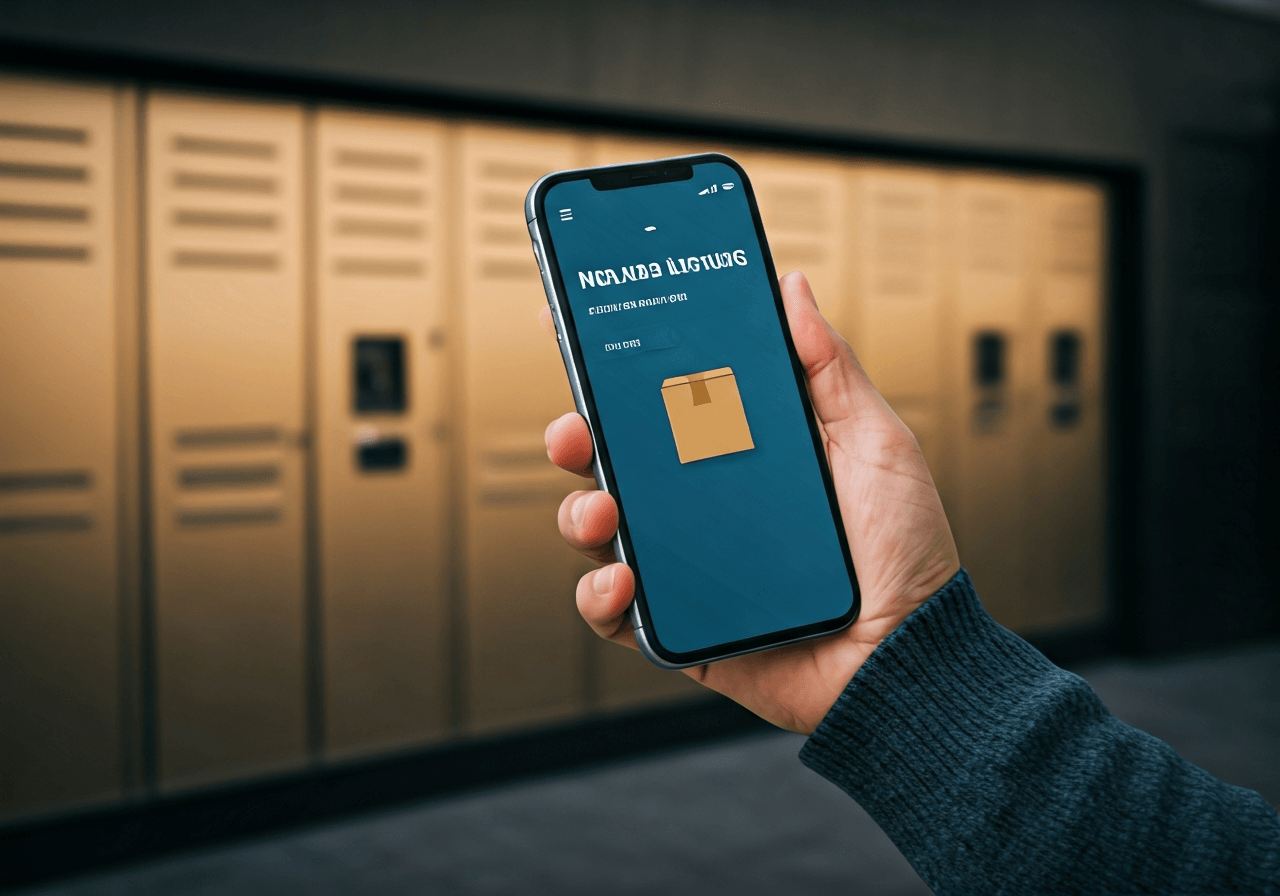 A modern smartphone screen showing a delivery app interface held in front of a sleek, automated locker system in a city setting, soft natural light, editorial photography style, 85mm lens, high focus, no text, no letters.